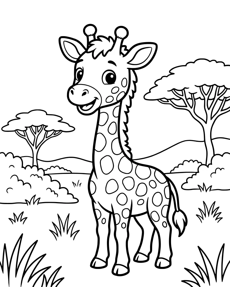 A cartoon giraffe with spots standing in a savanna landscape with trees and distant hills.