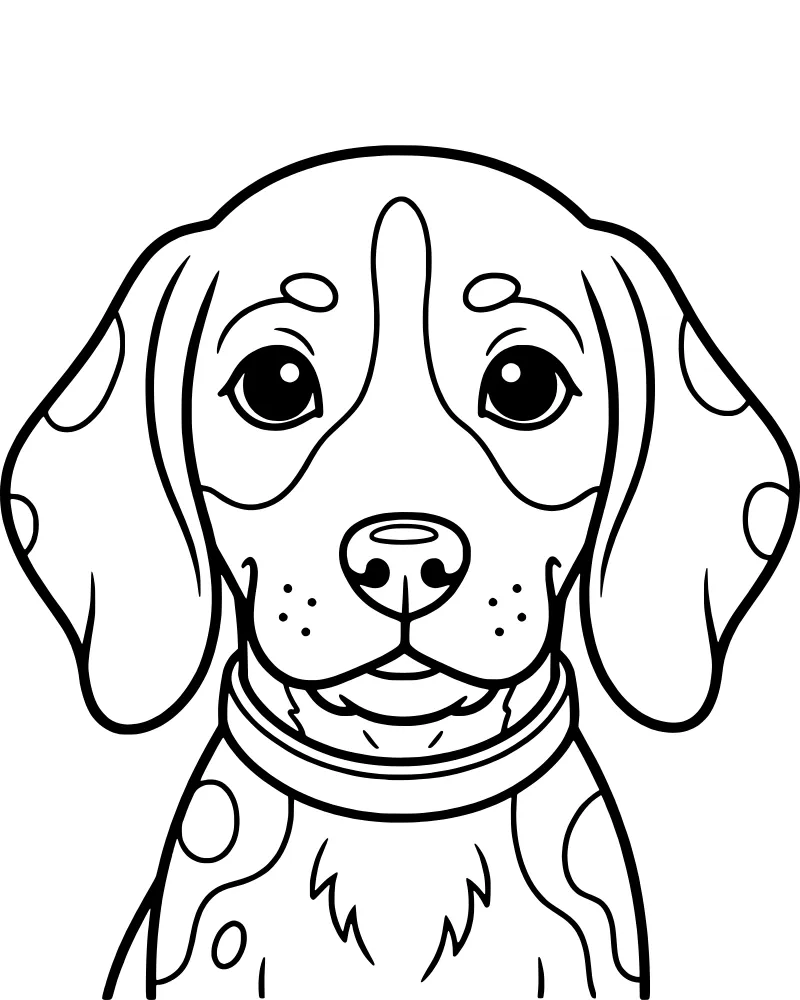 A cartoon dog portrait with floppy ears, a collar, and spots on its fur.