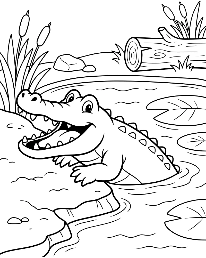 A cartoon alligator with a smiling face swimming in a swamp near a log, cattails, and floating lily pads.