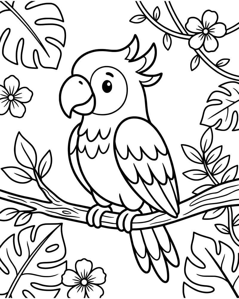 A cartoon parrot with large eyes sits on a tree branch surrounded by tropical leaves and blooming flowers.