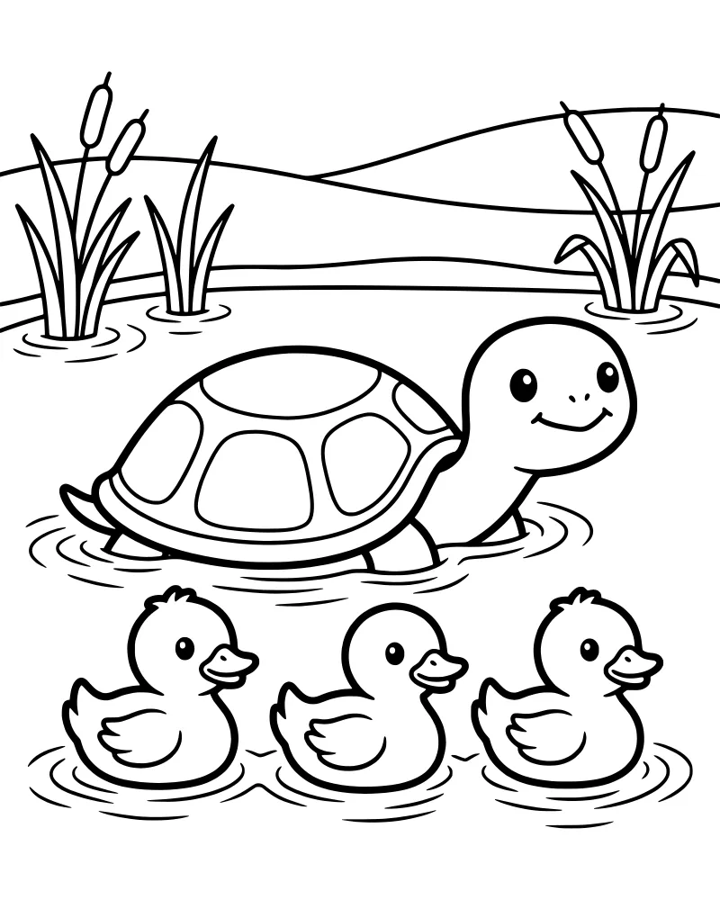 A cartoon turtle swimming in a pond with three small ducklings, surrounded by water ripples and tall reeds with hills in the background.