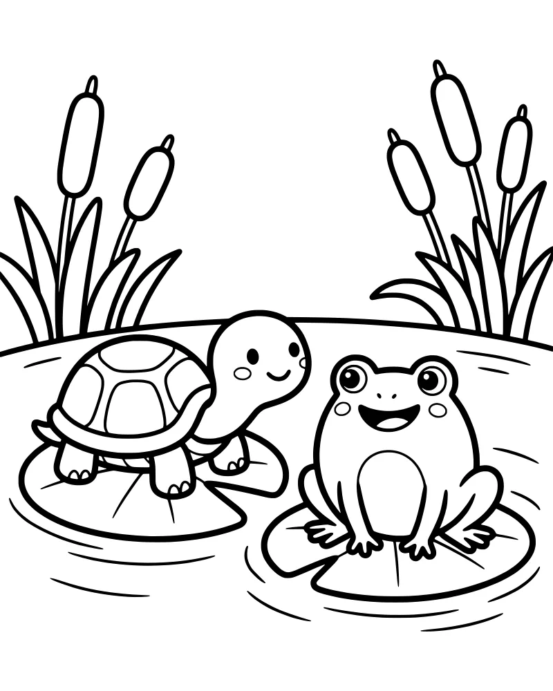 A cartoon turtle and frog sitting on lily pads in a pond with cattails and reeds in the background.
