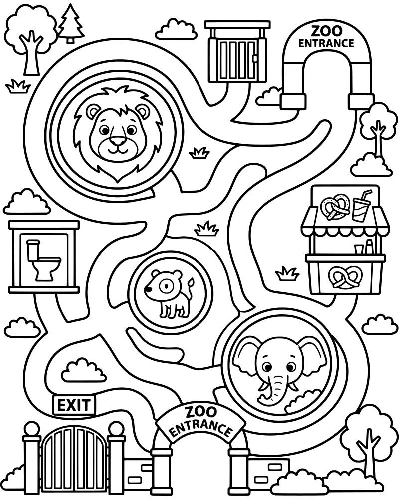 A cartoon zoo maze with a lion, elephant, and bear cub in enclosures, a food stand with pretzels, and an entrance archway.