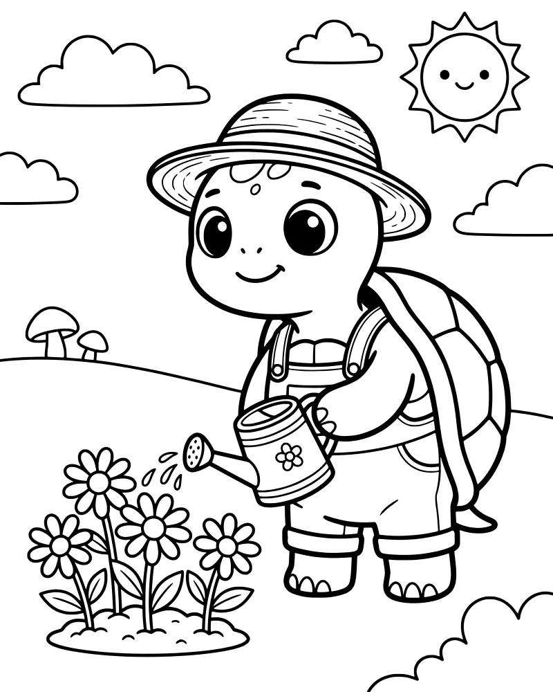 A cartoon turtle in denim overalls and a straw hat watering a patch of flowers with a watering can under a smiling sun and clouds.