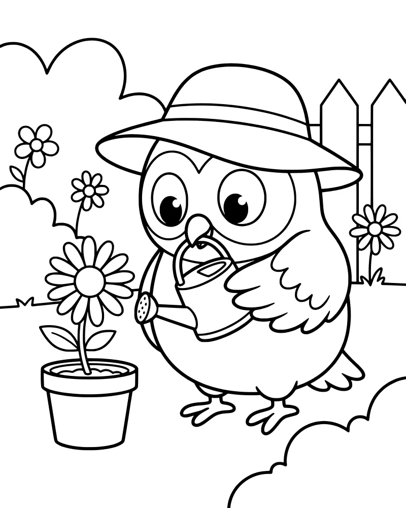 A cute cartoon owl wearing a sun hat and using a watering can to water a flower in a pot next to a picket fence.
