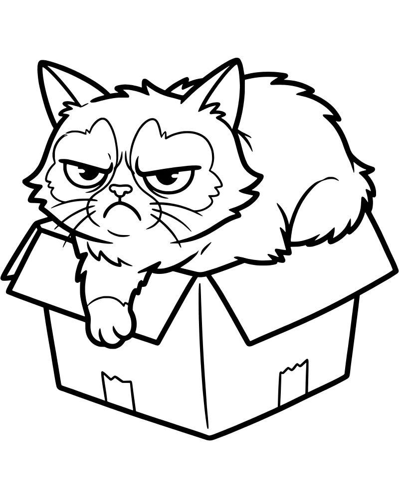 A cartoon cat with a grumpy facial expression sitting inside a square cardboard box with open flaps.