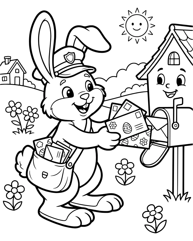 A cartoon bunny wearing a mail hat and bag holding letters next to a mailbox and a whimsical house under a smiling sun.