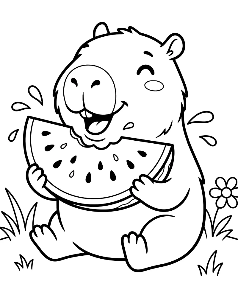 A cartoon capybara sitting in the grass and holding a slice of watermelon with water droplets and a flower nearby.
