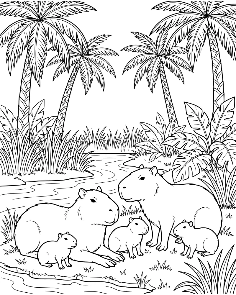 A cartoon capybara family with parents and babies resting on a grassy riverbank surrounded by palm trees and tropical plants.