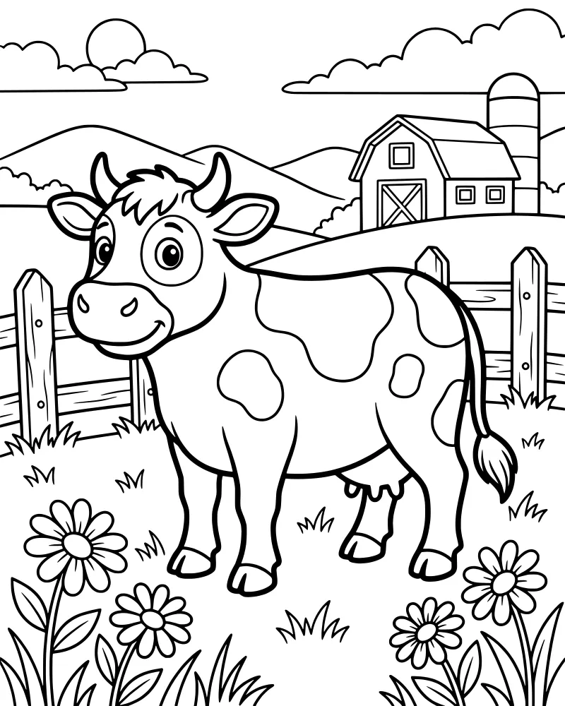 A cheerful cartoon cow standing in a grassy field with a red farmhouse and silo under a smiling sun and distant mountains.