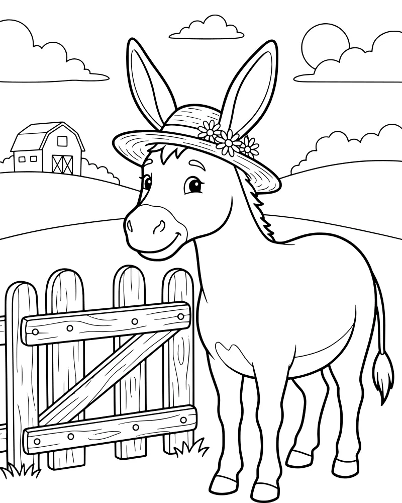 A cartoon donkey wearing a flower-decorated straw hat standing by a farm fence with a barn and hills in the background.