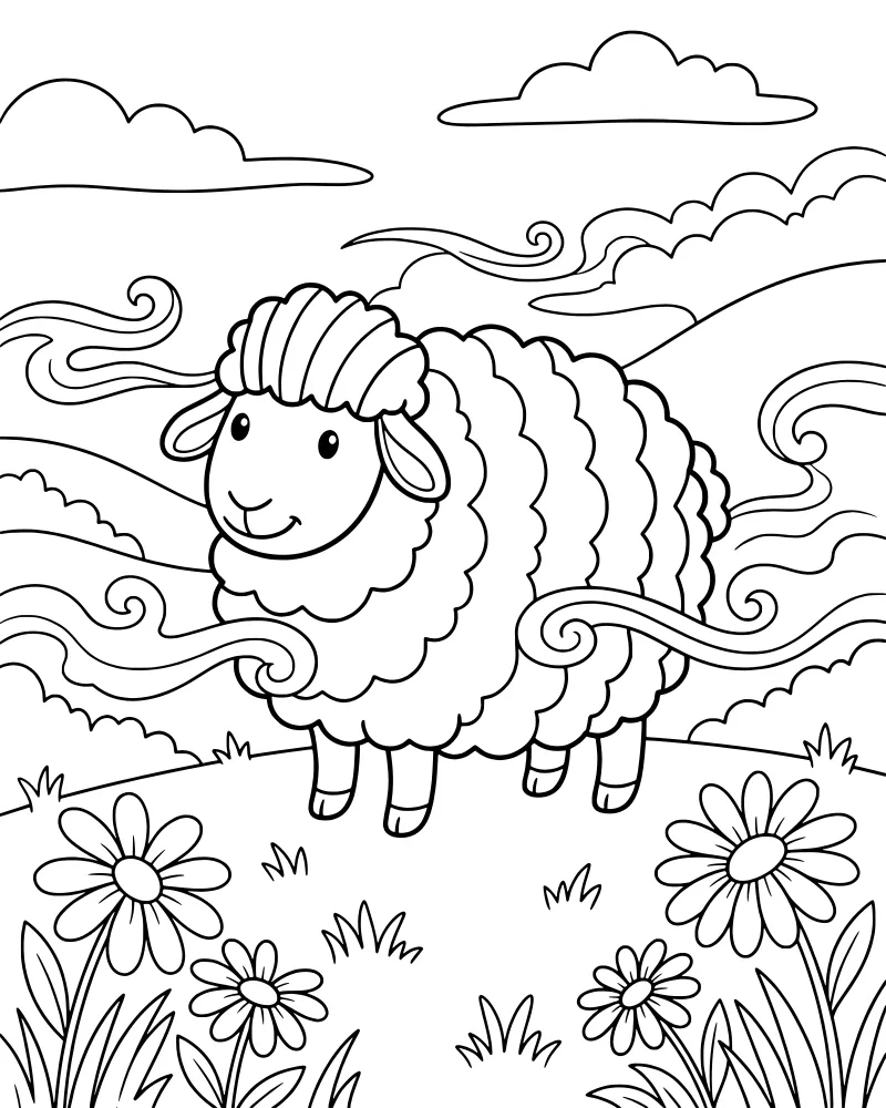 A cartoon fluffy sheep stands in a field of daisies with rolling hills and swirling clouds in the background.