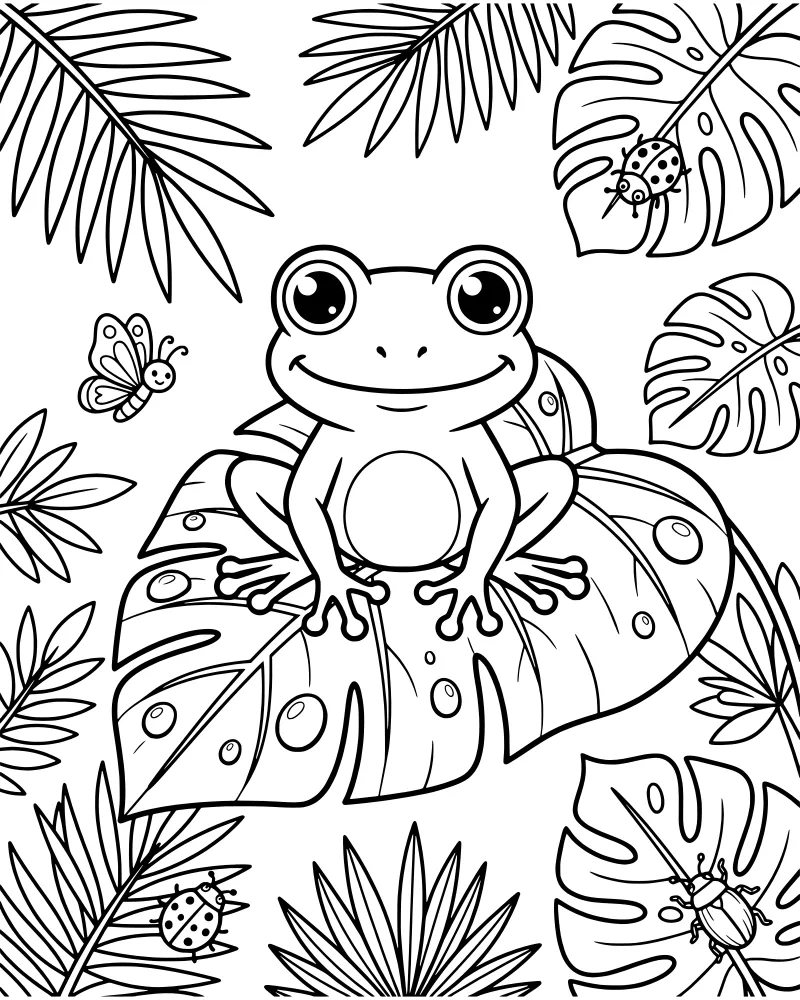 A cartoon frog sits on a large leaf surrounded by monstera and palm leaves with a butterfly and ladybugs.