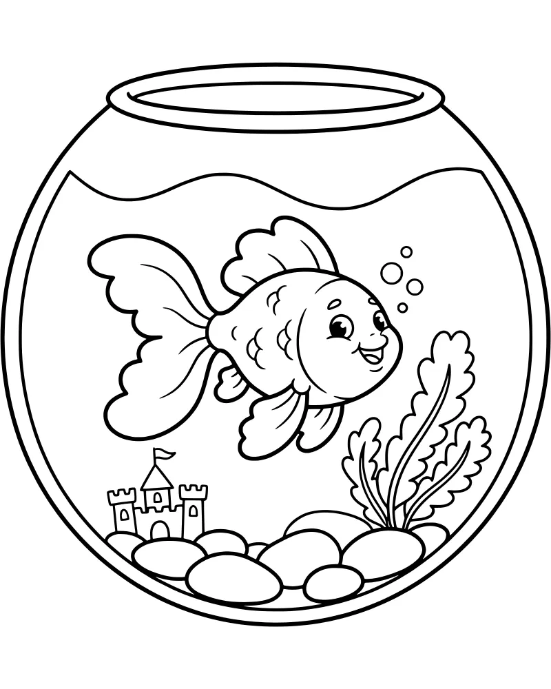 A cartoon goldfish with large eyes and scales swimming in a round bowl with a small castle and a plant.