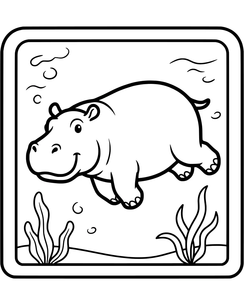 A cartoon hippopotamus floating underwater with bubbles rising around its face and aquatic plants growing from the seabed.