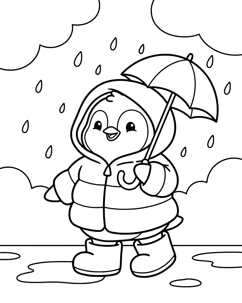 A cartoon penguin wearing a hooded jacket and boots, holding an umbrella while standing among rain puddles and falling raindrops under fluffy clouds.