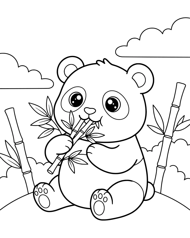 A cartoon panda sitting on a grassy hill eating bamboo stalks with clouds in the sky.