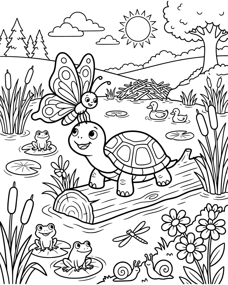 Cartoon pond scene with a turtle on a log, a butterfly on its head, frogs on lily pads, and ducks swimming near a beaver dam.
