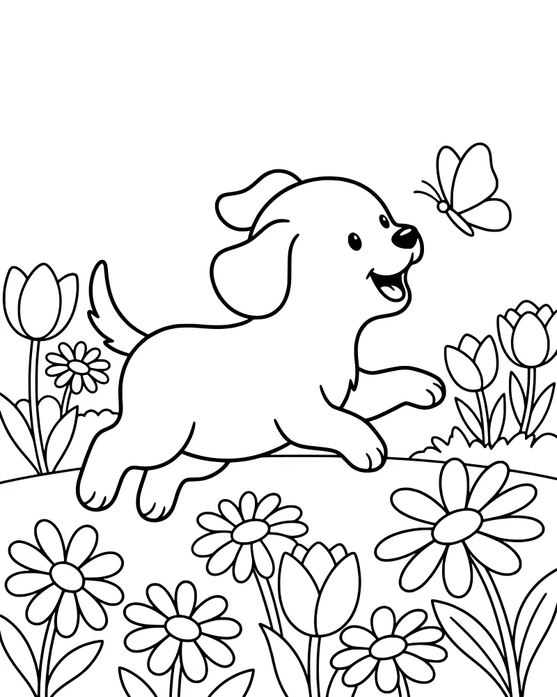 Cartoon puppy running through a field of tulips and daisies while chasing a small butterfly.