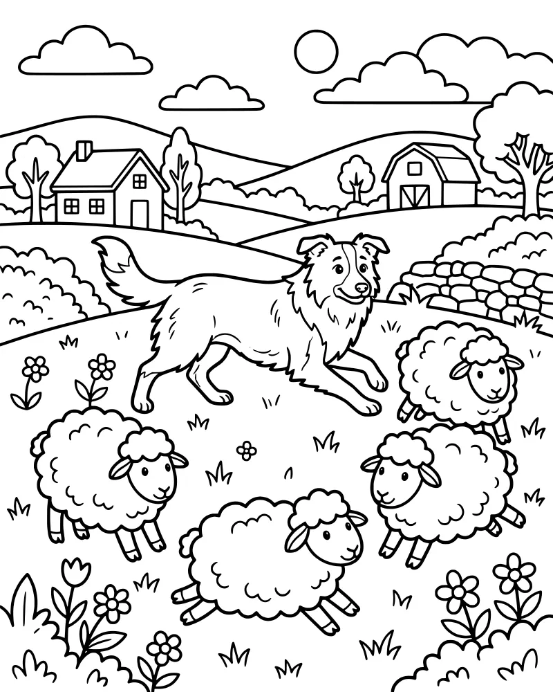 Cartoon sheepdog herding a group of fluffy sheep on a farm with a barn, house, and rolling hills under a sunny sky.