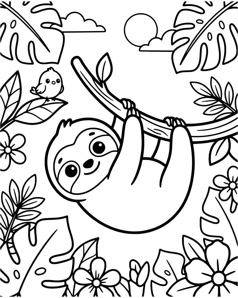 A cartoon sloth hanging upside down from a tree branch next to a small bird, surrounded by leaves, flowers, and a smiling sun.