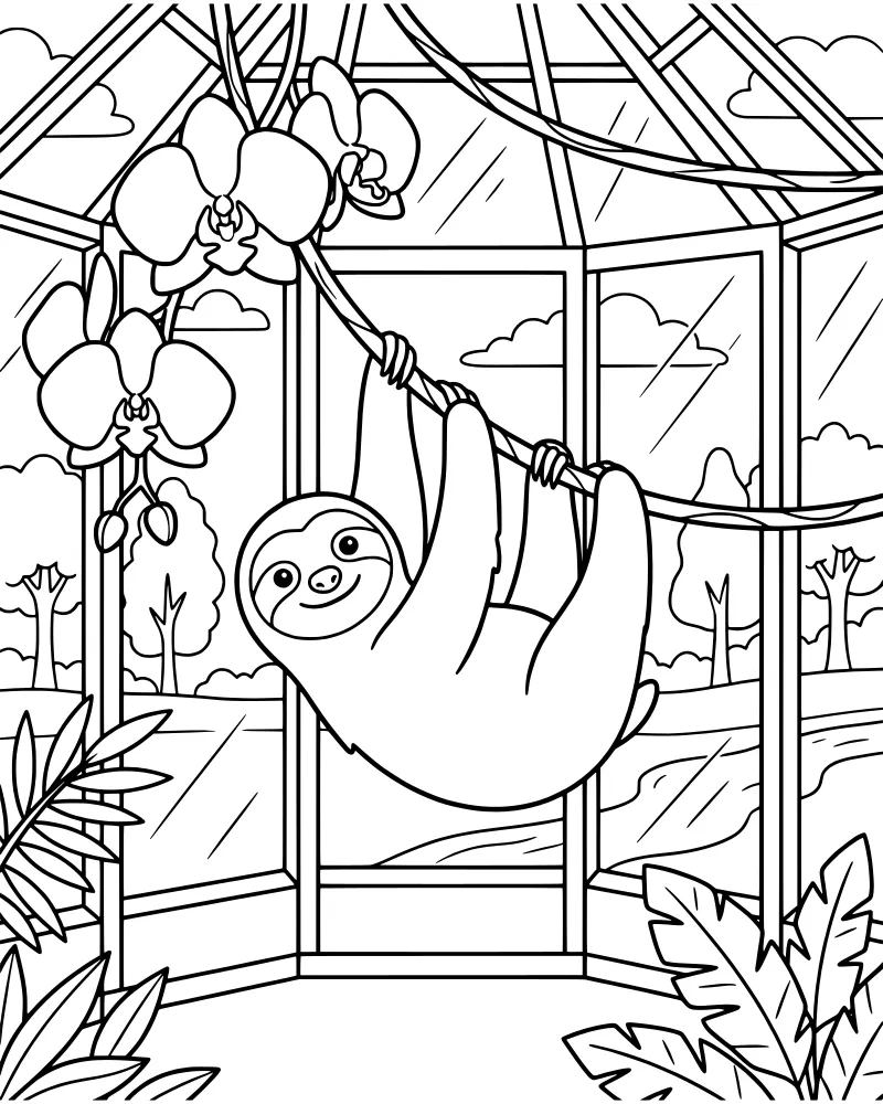 A cartoon sloth smiling and hanging from vines inside a greenhouse with orchids and a river landscape visible through the glass.