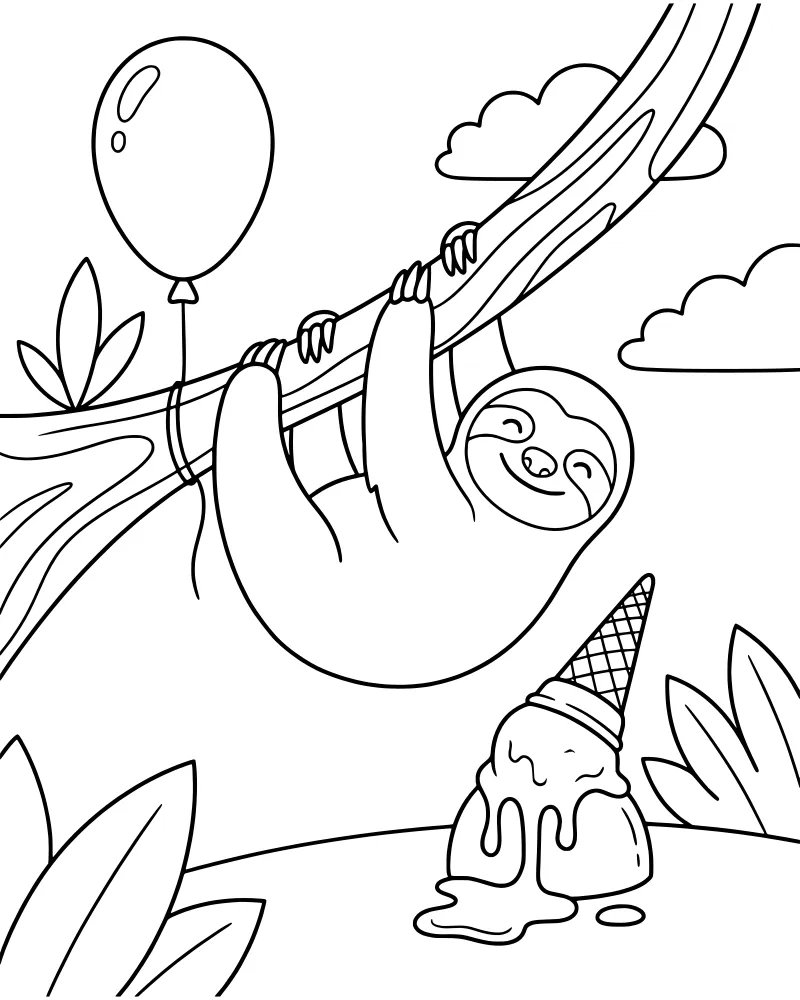 A cartoon sloth hanging from a branch with a balloon floating next to it and a melting ice cream cone on the ground.