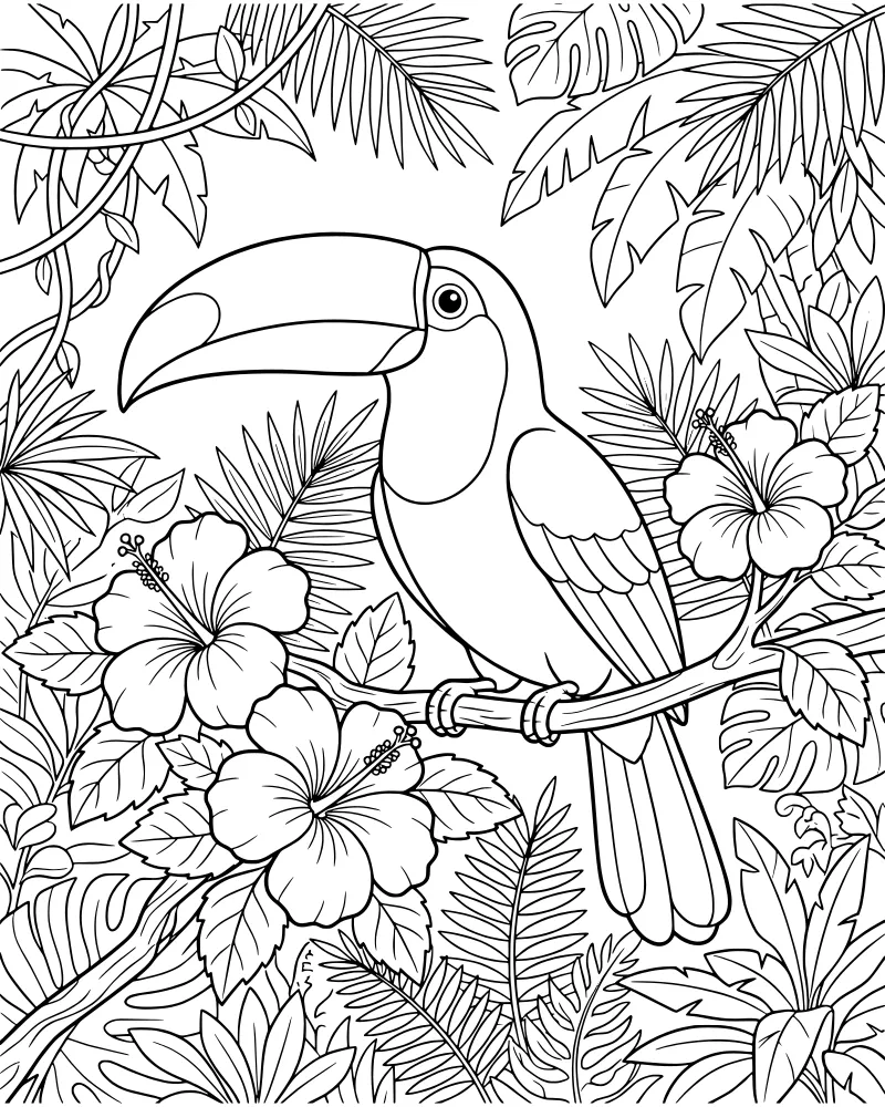 A cartoon toucan perched on a branch surrounded by hibiscus flowers, tropical leaves, and ferns.