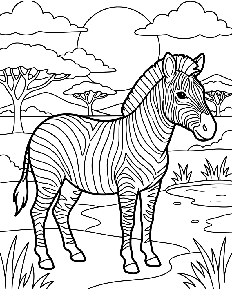 A cartoon zebra stands in a savanna with acacia trees, hills, a large sun, and a small water puddle.