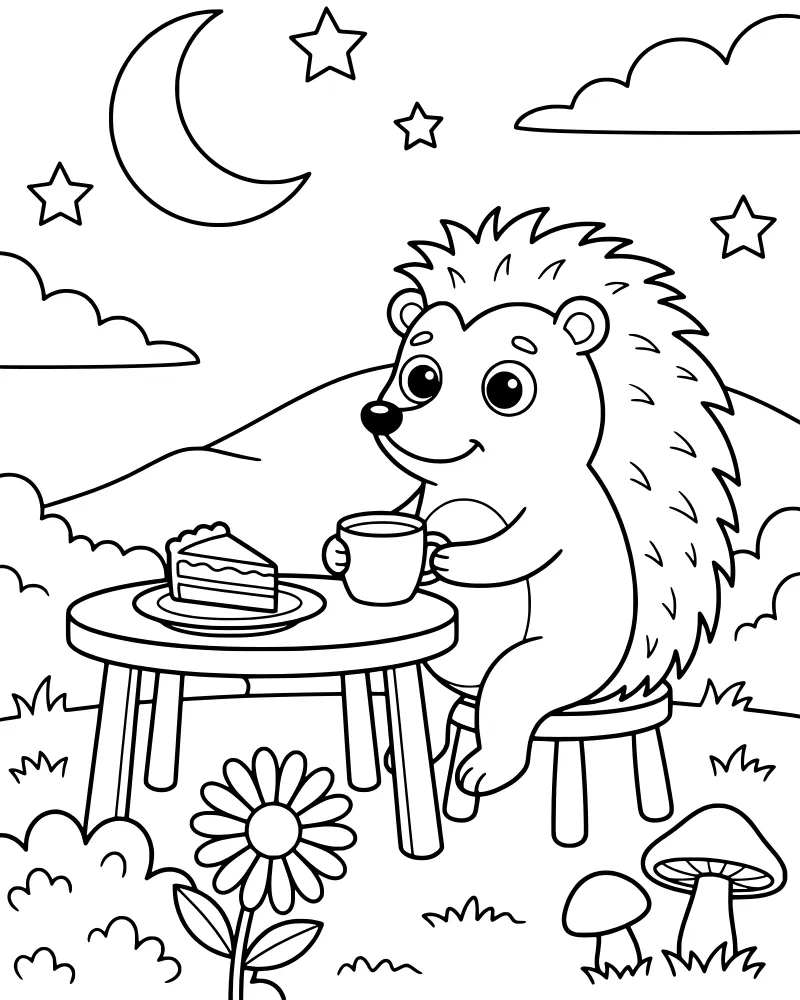 A cartoon hedgehog sitting at a table outdoors at night eating cake and drinking tea under a crescent moon and stars.