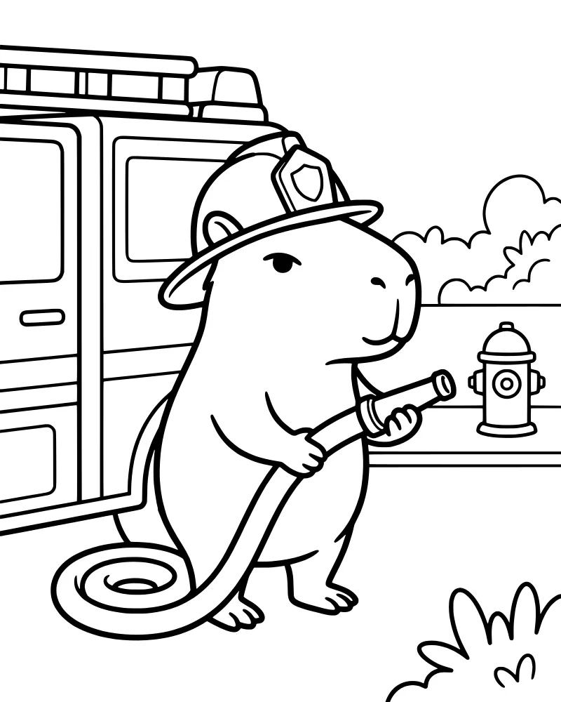 A cartoon capybara wearing a firefighter helmet and holding a fire hose next to a fire truck and a fire hydrant.