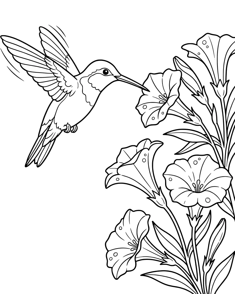 A cartoon hummingbird hovering near a cluster of trumpet flowers with water droplets on the leaves.
