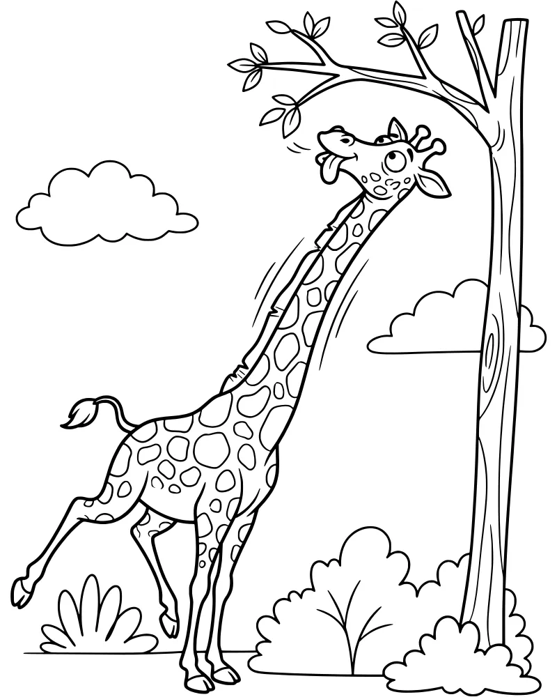 A cartoon giraffe with spots stretching its neck to eat leaves from a tree with clouds and bushes in the background.