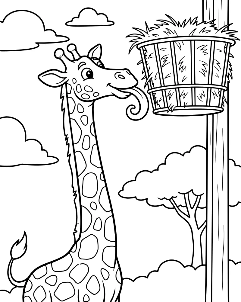 A cartoon giraffe reaching its long tongue toward a hay feeder hanging from a pole with a tree and clouds in the background.