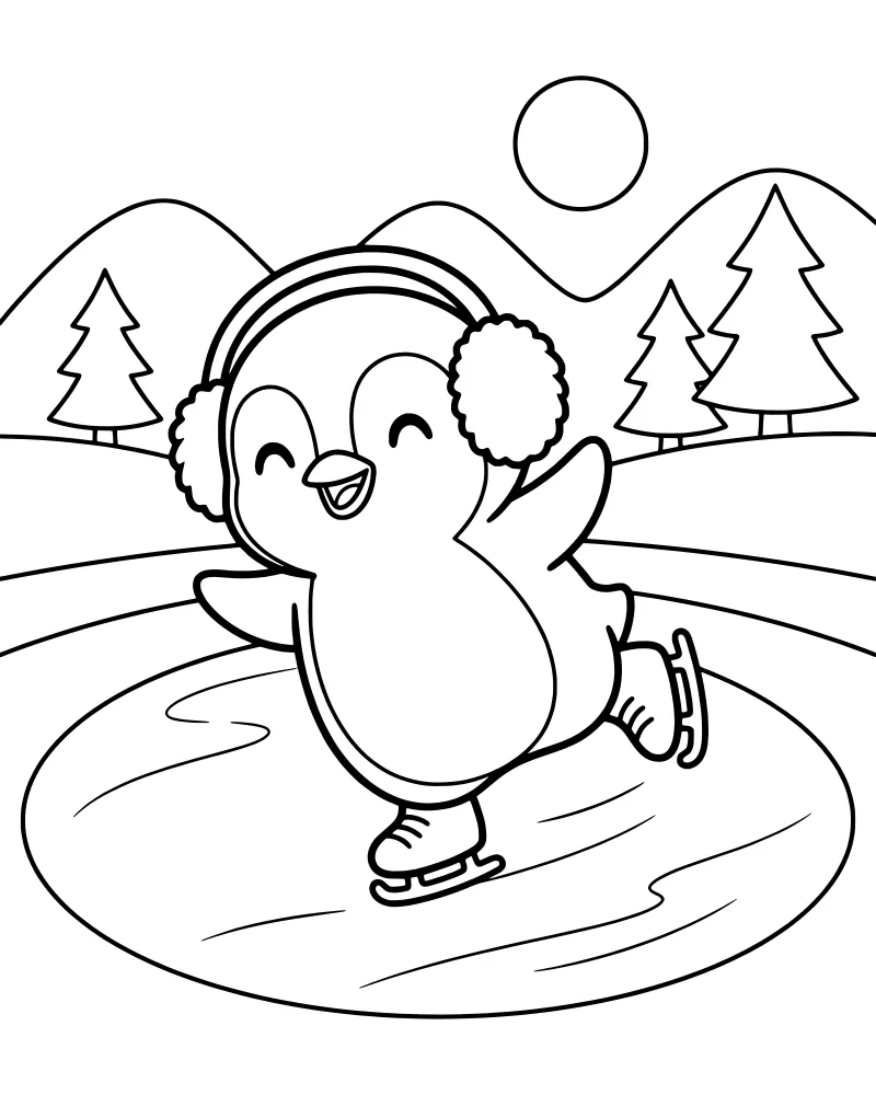 A happy cartoon penguin wearing large earmuffs and ice skates gliding on a frozen lake with snowy mountains and pine trees in the background.