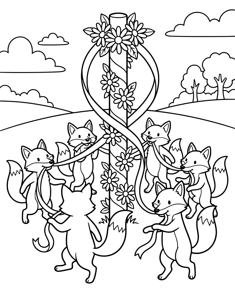 A group of cartoon foxes dancing in a circle around a maypole decorated with flowers and ribbons in a meadow with hills and trees.