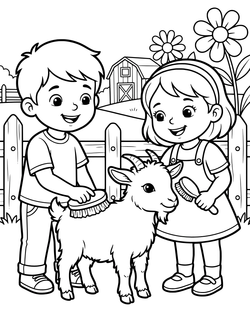 A boy and girl brush a smiling goat in front of a barn and fence with flowers in the foreground.