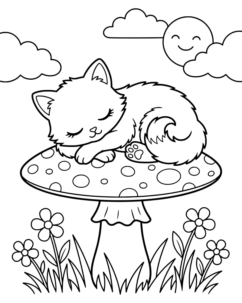 A cute cartoon kitten sleeping on top of a large polka-dotted mushroom in a garden with a smiling sun and flowers.