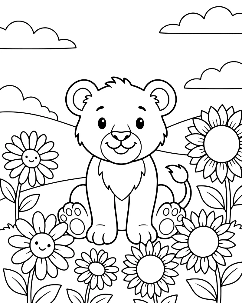 A cartoon lion cub sits happily in a field of smiling sunflowers and daisies with hills and clouds in the background.