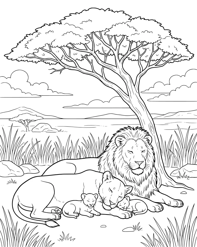A cartoon lion pride including a male, female, and two cubs resting under a large acacia tree in the savanna.