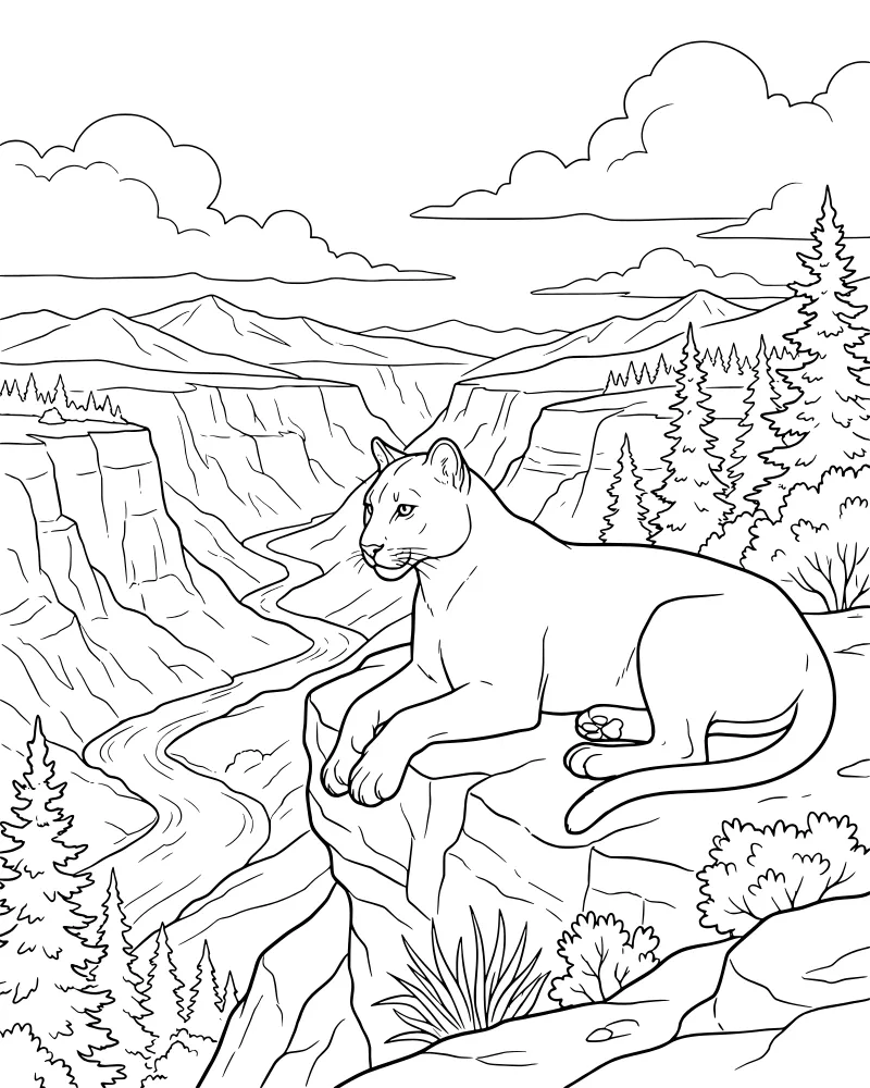A cartoon cougar rests on a rocky cliff overlooking a deep canyon with a river, mountains, and pine trees.