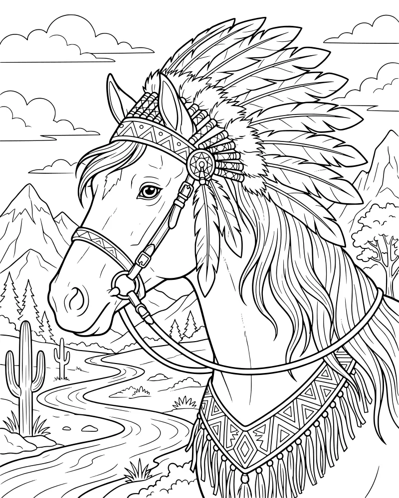 A cartoon horse wearing a feathered headdress and ornate chest plate standing in a desert landscape with mountains and a river.