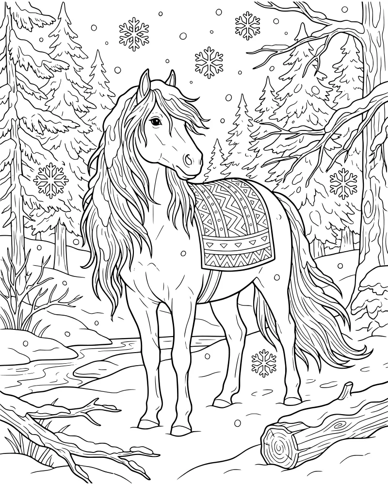 A cartoon horse with a saddle blanket standing in a snowy forest clearing next to a stream with falling snowflakes.