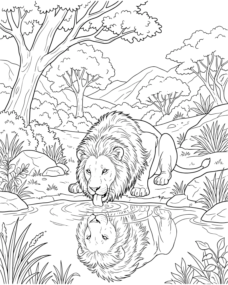 A cartoon lion drinking from a pond with its reflection visible in the water, set against a savanna background with mountains and trees.