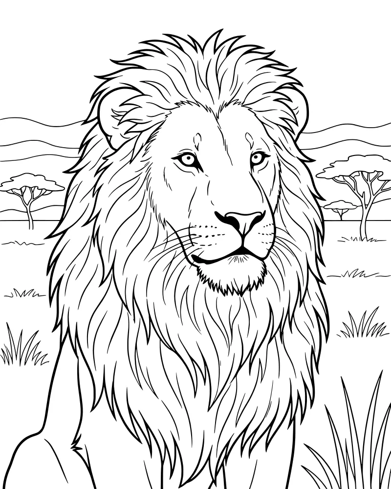 A cartoon lion with a large mane sitting in tall savanna grass with acacia trees and hills in the background.