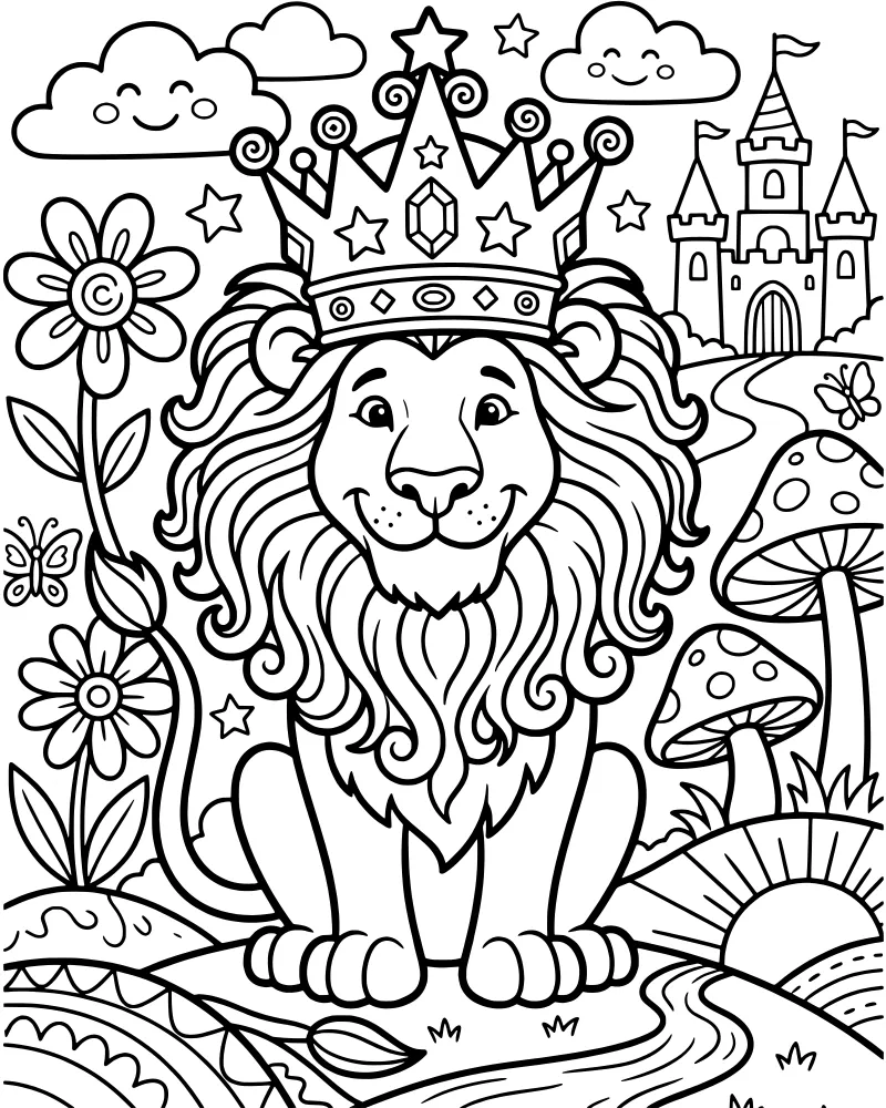 A cartoon lion wearing a crown sits in a whimsical landscape with a castle, river, mushrooms, and flowers under a sunny sky.
