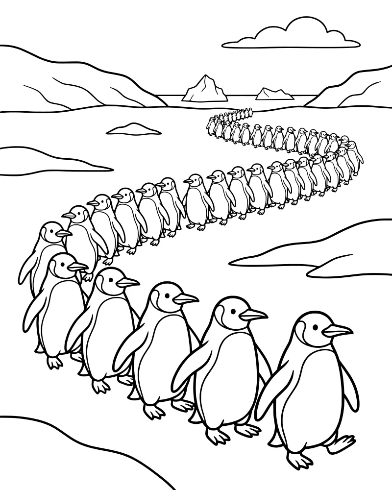 A line of cartoon penguins marching across ice floes with mountains and icebergs in the background.