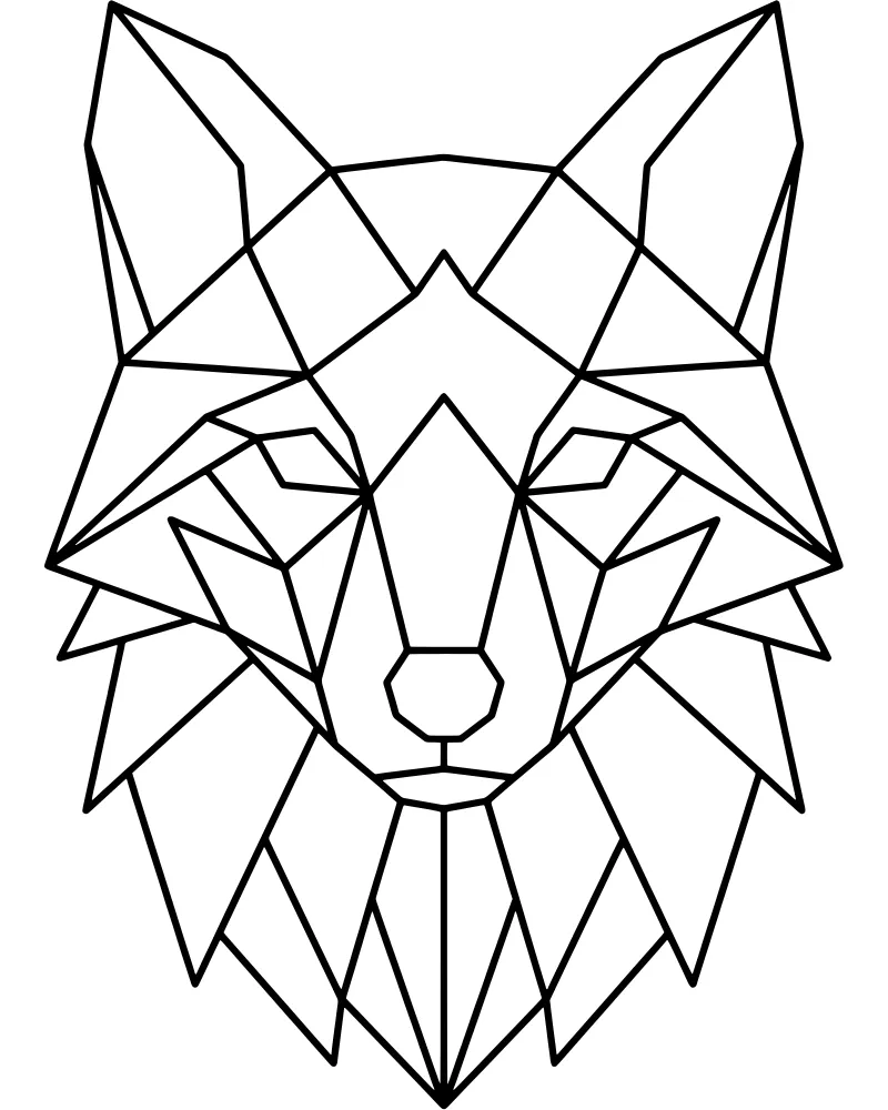 A frontal view of a fox head made out of various triangles and geometric polygons on a white background.