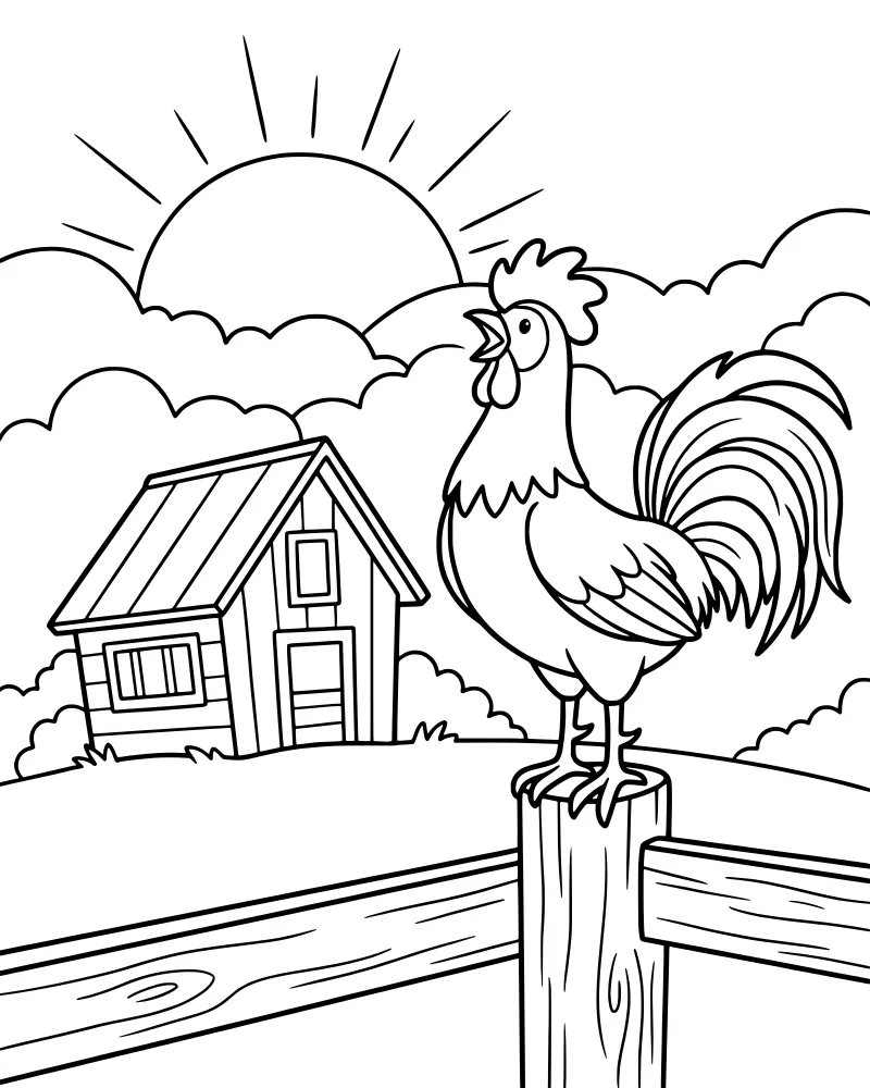Cartoon rooster crowing on a wooden post with a farmhouse, rising sun, and clouds in the background.