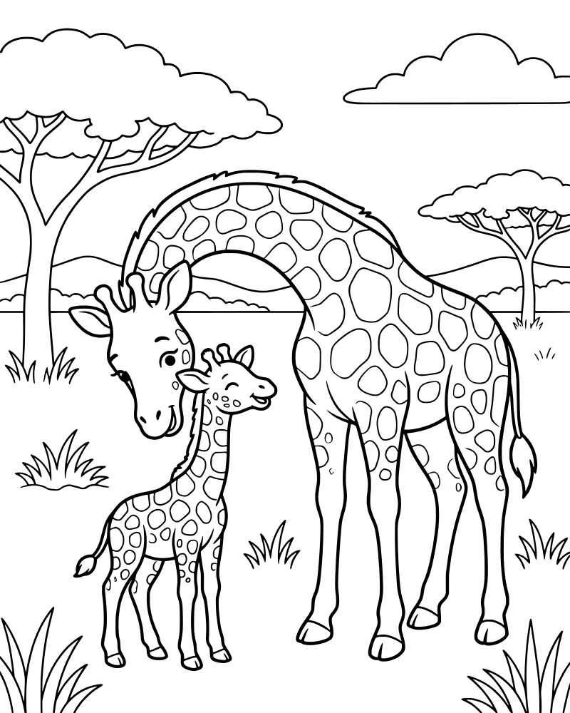 A cartoon adult giraffe and baby giraffe standing in a savanna with trees, grass, hills, and clouds.